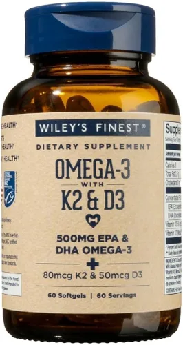 Wiley's Finest Wild Alaskan Fish Oil Vitamina K2 y D3 cápsulas blandas – 500 mg de omega-3 EPA y DHA para apoyo a la salud ósea y cardíaca – 60