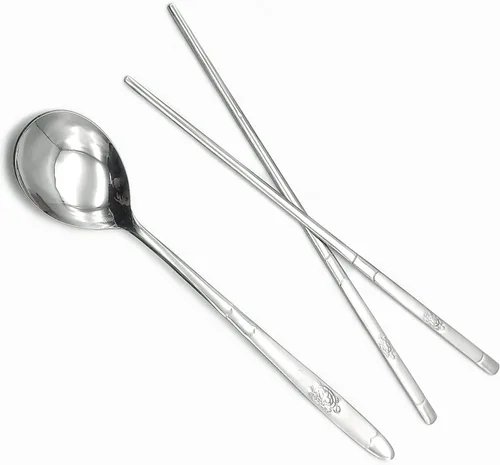 Miniatura 6 de SUPIA Cubertería tradicional coreana de acero inoxidable cucharas y palillos juego de vajilla con mano larga, reutilizable (tortuga plateada)