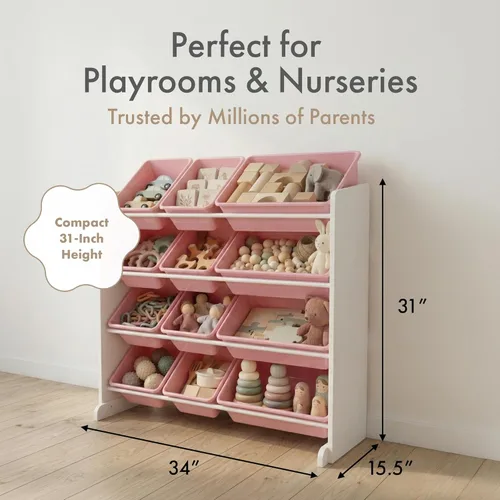 Miniatura 2 de Humble Crew Organizador de almacenamiento de juguetes para niños con 12 cubos de plástico, blanco/rosa, contenedores extraíbles para sala