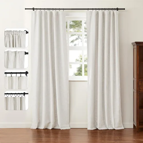 Miniatura 25 de ChadMade Cortina reductora de luz con bolsillo para barra, cortina de mezcla de lino y algodón para oficina, 96 pulgadas de largo, con pestaña Beige