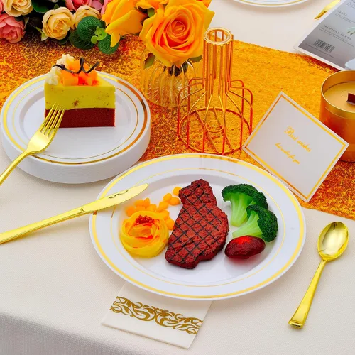 Miniatura 2 de Juego de vajilla de oro de 175 piezas para 25 invitados, platos desechables de plástico blanco con borde dorado resistentes para fiesta y boda