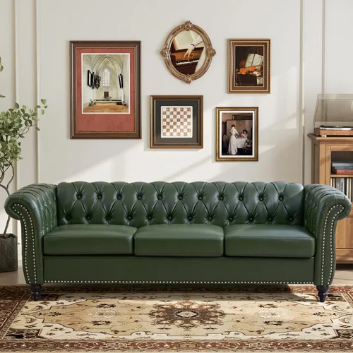 Miniatura 11 de LEVNARY Sillón tapizado de cuero, moderno sofá individual de mediados de siglo con brazos enrollados y cabeza de clavo, silla Chesterfield de piel