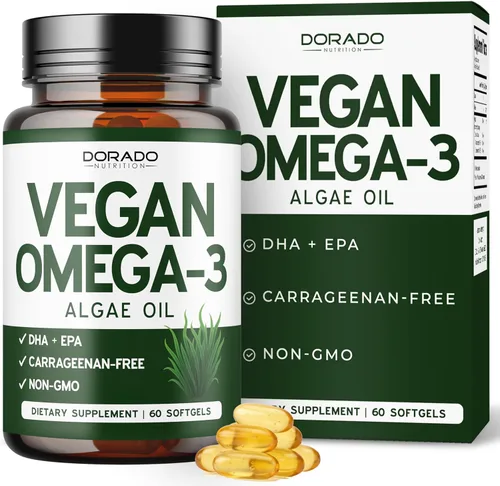 Aceite de algas vegano Omega 3 (60 cápsulas blandas) DHA EPA a base de plantas, de origen sostenible, sin carragenina, sin OMG, salud del corazón,