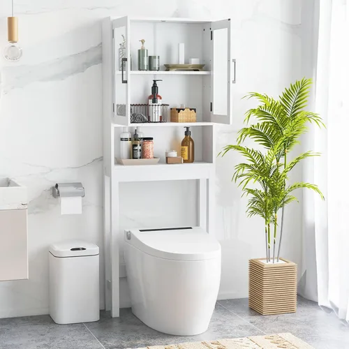 Miniatura 5 de Armario sobre el inodoro, organizador de almacenamiento de baño con puertas de vidrio templado dobles y estante ajustable, estante de inodoro