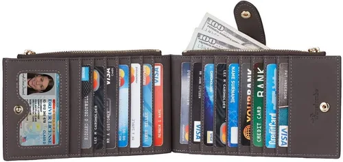 Miniatura 3 de Travelambo Billetera plegable con bloqueo RFID para mujer, con bolsillo con cremallera