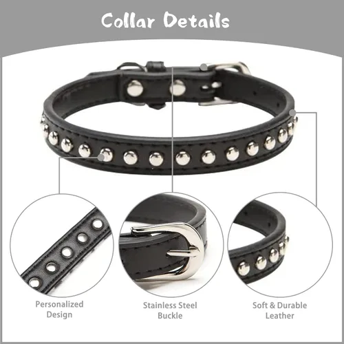 Miniatura 2 de BINGPET Collar de cuero ajustable para perro, collar duradero con tachuelas, con hebilla de metal y anillo en D para perros pequeños, medianos