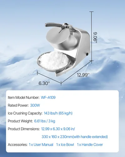Miniatura 7 de VEVOR Máquina trituradora de hielo, máquina eléctrica de cono de nieve de 2 cuchillas de 143 libras por hora, máquina de hielo afeitado de acero