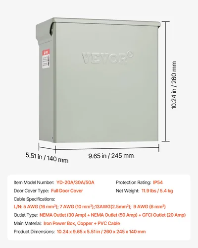 Miniatura 7 de VEVOR Panel de salida de energía temporal, caja de interruptor eléctrico para RV resistente a la intemperie con receptáculo de 20/30/50 amperios