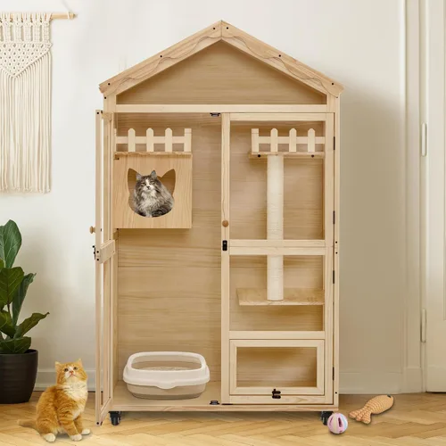 Miniatura 2 de MCombo Casa de madera para gatos de interior, condominio para gatos con entrada, jaula de gatito Catio con puertas y ruedas bloqueables, CT291