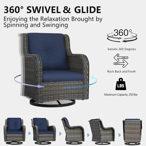 Miniatura 6 de Juego de 2 sillas de patio giratorias de 360 grados para exteriores y mesa auxiliar a juego – 3 sillas deslizantes de mimbre para patio con cojines