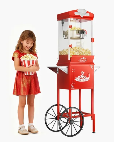 Carro de máquina de palomitas de maíz de 10 onzas, máquina para hacer palomitas con rueda y hervidor de acero inoxidable que hace hasta 40 tazas,
