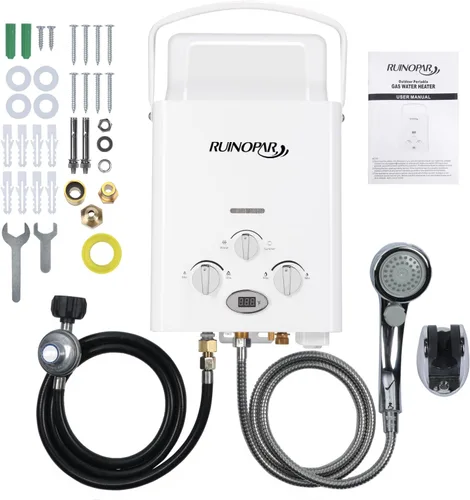Calentador de agua portátil sin tanque de propano – 6L 1.58GPM RV calentador de agua de gas bajo demanda con pantalla digital para exteriores para