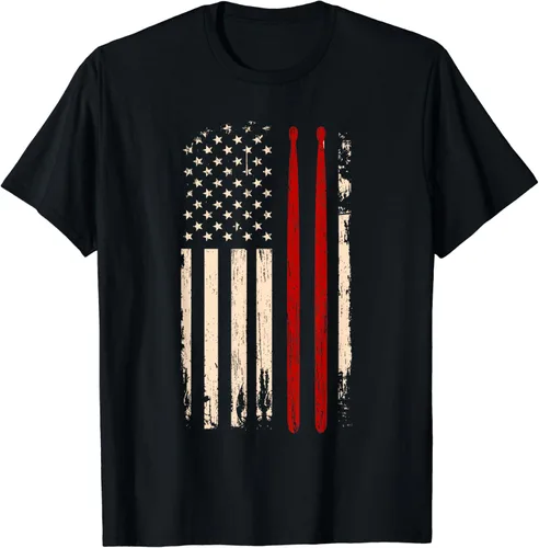 Camiseta vintage con diseño de palos de tambor con la bandera americana, regalo divertido para él, Negro -