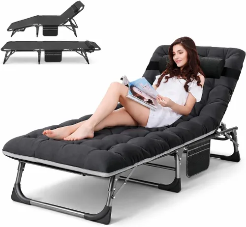 Miniatura 14 de ABORON Silla de bronceado resistente, silla de descanso plegable de 5 posiciones para exteriores con almohadilla, silla de playa portátil para tomar