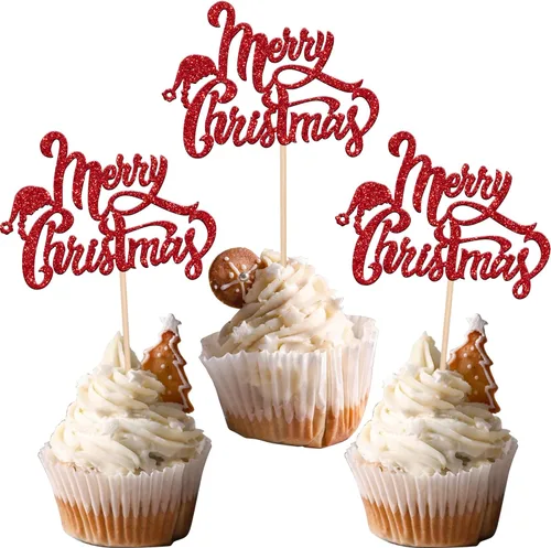 Miniatura 26 de 24 piezas de adornos para cupcakes de Navidad dorados verdes y rojos con purpurina, Papá Noel, árbol de Navidad, adornos para cupcakes para el tema