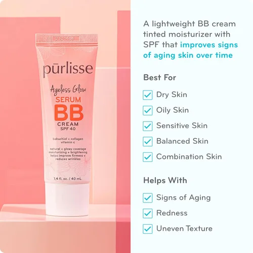 Miniatura 2 de pūrlisse Ageless Glow Serum BB Cream SPF 40 - Glow BB Cream con SPF enriquecido con Bakuchiol y vitamina C para ayudar a mejorar la firmeza y Dorado