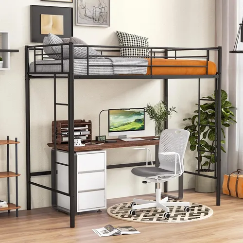 Miniatura 9 de Giantex Base de cama de metal tamaño individual con escaleras dobles y barandilla de seguridad, no necesita somier, ahorra espacio para jóvenes