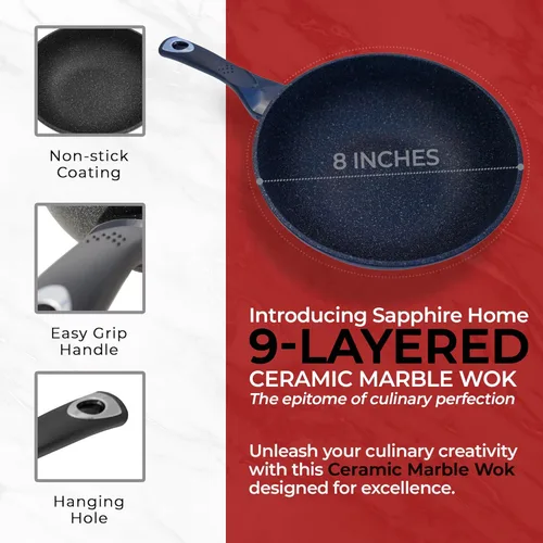 Miniatura 2 de HOME N KITCHENWARE Wok de cerámica antiadherente - Utensilios de cocina de 9 capas de alta calidad, revestimiento de mármol coreano, aluminio