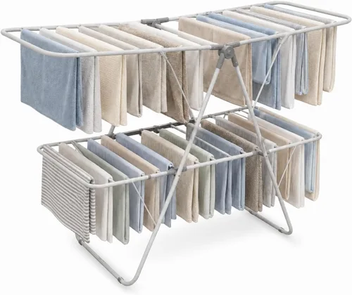 Miniatura 8 de Brookstone Estante plegable de 2 niveles - Soporte plegable para secadora de ropa para interiores y exteriores, estante para ropa o zapatos, Negro