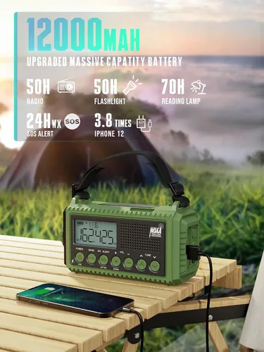 Miniatura 3 de Radio de emergencia de 12000 mAh - Alerta meteorológica AUTO NOAA, manivela solar AM/FM/SW/NOAA, linterna, cargador de teléfono, sirena SOS, kit