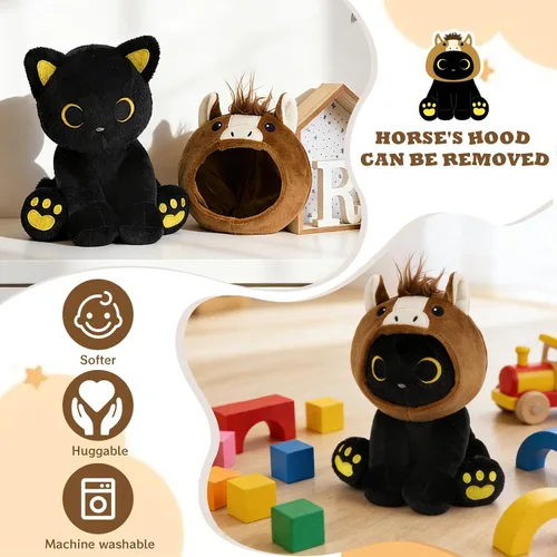 Miniatura 2 de Peluche de gato de caballo – Aniaml de peluche de gato negro de 8 pulgadas con capucha de caballo marrón extraíble, lindo animal de peluche, juguete