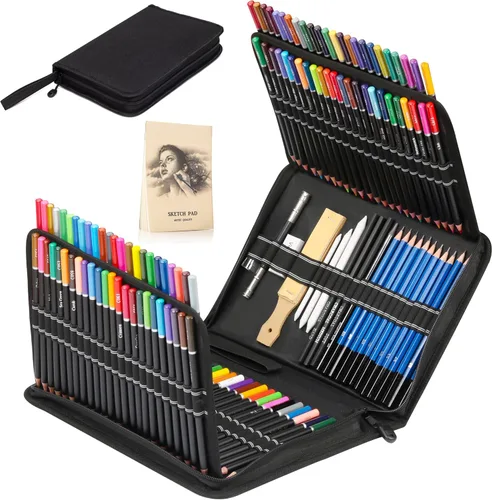 Miniatura 10 de KALOUR Juego de 76 lápices para dibujo y boceto - Suministros de arte profesional con cuaderno de bocetos y papel para acuarela - Incluye tutorial