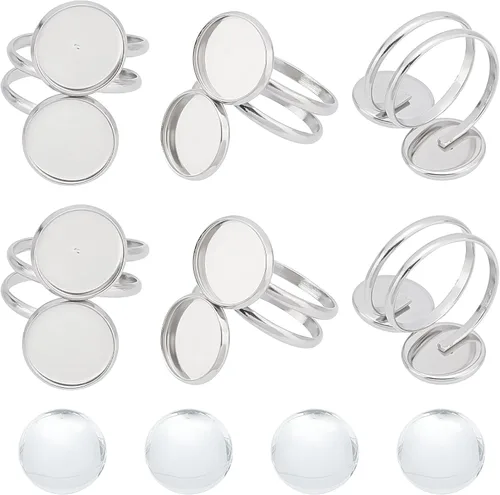 Miniatura 17 de SUNNYCLUE Anillo de dedo, base de anillo ajustable en blanco, media redonda, base de cabujón plano, configuración de bandeja de bisel para kit