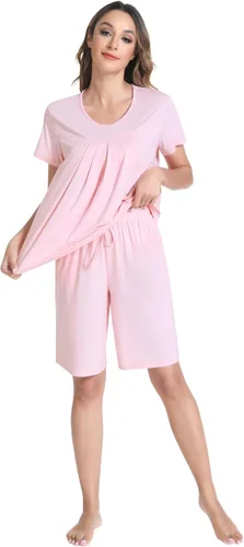 Miniatura 4 de NACHILA Pijama para mujer de viscosa hecha de bambú, conjunto de pijama de manga corta con cuello redondo, pijama plisado, parte superior suave