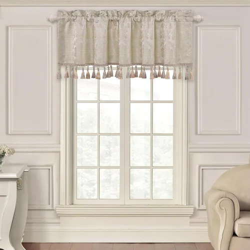 Miniatura 26 de Loom and Mill Cenefas de jacquard de lujo para ventana de sala de estar, elegante cenefa de cortina de damasco beige con ribete de cuentas, cortina