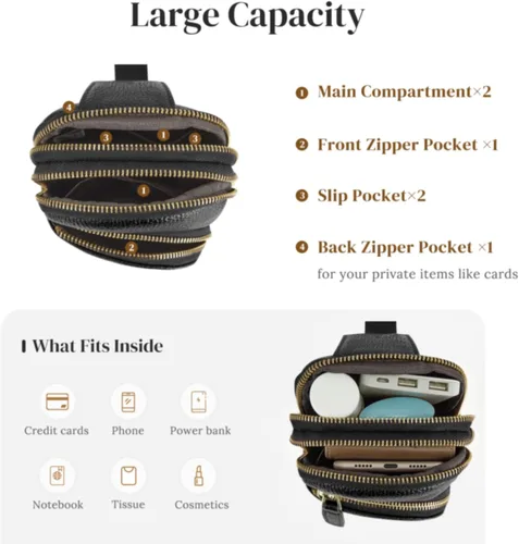 Miniatura 6 de S-ZONE Bolso bandolera para mujer, cangureras de cuero genuino con bloqueo RFID, bolsas cruzadas en el pecho, regalos para mujeres y hombres, Negro