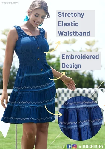 Miniatura 3 de DREFBUFY - Vestido largo para verano, sin mangas, acampanado, de mezclilla y algodón, azul, estilo casual y bohemio, para mujer