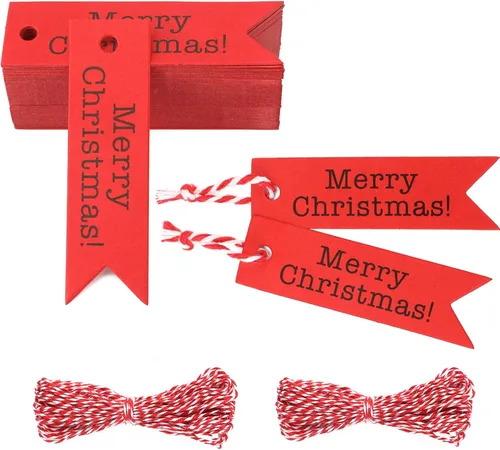 jijAcraft Etiquetas de Feliz Navidad – 100 etiquetas de regalo navideñas con cuerda, pequeñas etiquetas rojas de Navidad para recuerdos de fiesta de