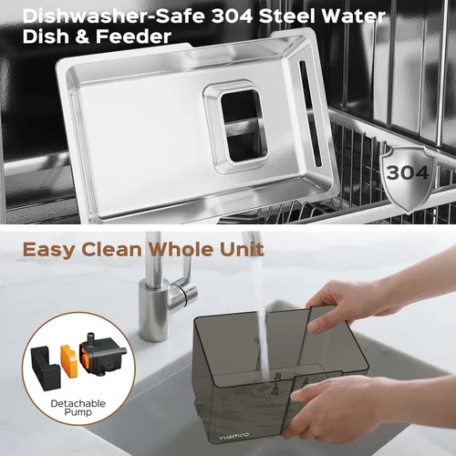 Miniatura 7 de Fuente de agua automática para gatos, fuente para mascotas de 2.2 L/74 onzas con tapa de acero inoxidable 304, bomba ultra silenciosa, triple