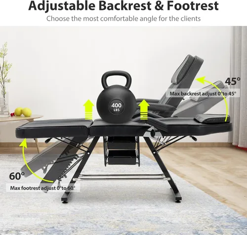 Miniatura 7 de Silla de tatuaje de salón de masaje con dos bandejas, cama esteticista con taburete hidráulico, mesa de cama facial multiusos de 3 secciones,