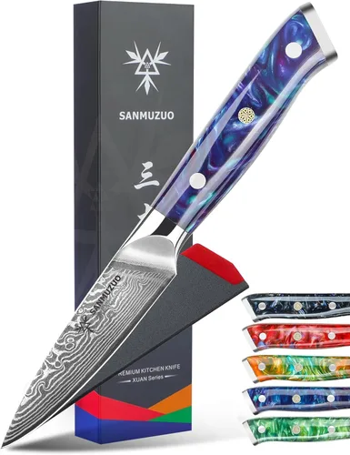 Miniatura 9 de Cuchillo de pelar de 3.5 pulgadas, cuchillo de cocina para frutas y verduras de acero de Damasco y mango de resina - Serie Xuan (Naranja Fantasía)