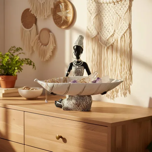 Miniatura 4 de Lescafita Escultura Africana Hecha a Mano de Mujer Sentada - Figura Tribal Dorada Sosteniendo Canasta, Decoración del Hogar de Resina