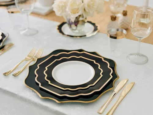 Miniatura 5 de Ocassions - Vajilla de 50-150-200 piezas para 25 invitados, color dorado E. Imperial Negro y Oro