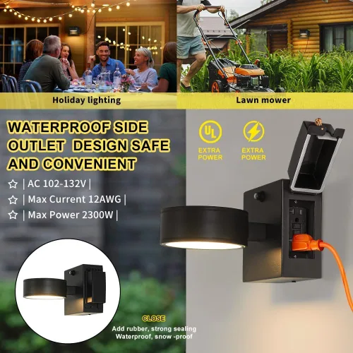Miniatura 4 de Luces de Porche con Tomacorriente GFCI, Luz de Pared Exterior de Anochecer a Amanecer con Tomacorriente, Lámpara Exterior de Aluminio LED Negro
