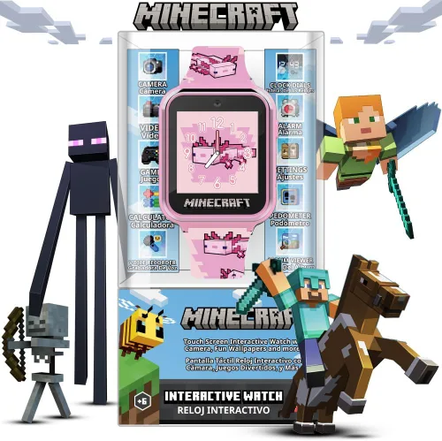 Miniatura 4 de Minecraft - Reloj inteligente para niños, diseño de ajolote rosa, 10 caras de reloj, contador de pasos, cámara selfie, calculadora