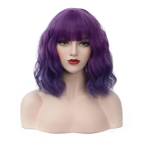 Miniatura 21 de BUFASHION Peluca rizada corta ondulada de 14 pulgadas para mujer, peluca sintética para cosplay, Halloween, peluca con flequillo lateral (negro)