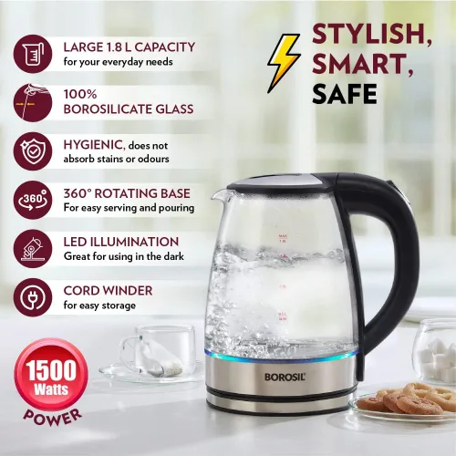Miniatura 4 de Borosil Hervidor eléctrico de vidrio, vidrio de borosilicato, cable extralargo, protección contra ebullición, base giratoria de 360°, 1.8 L