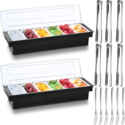 Miniatura 7 de Bandeja de condimentos de 2 piezas con tapa y servidor de condimentos refrigerado extraíble con 6 pinzas y 6 tenedores para servir barman ensalada