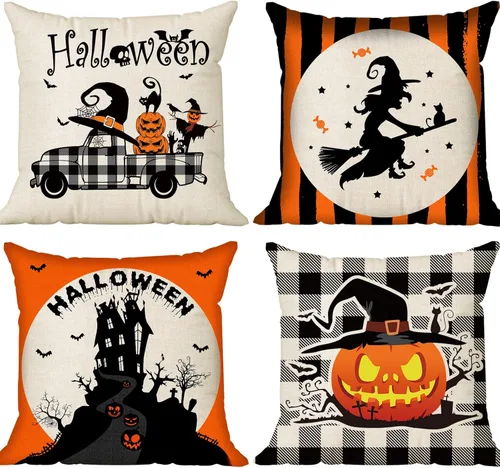 Miniatura 8 de Juego de 4 fundas de almohada de Halloween de 18 x 18 pulgadas, funda de almohada de lino suave con castillo de gato negro, decoración rústica