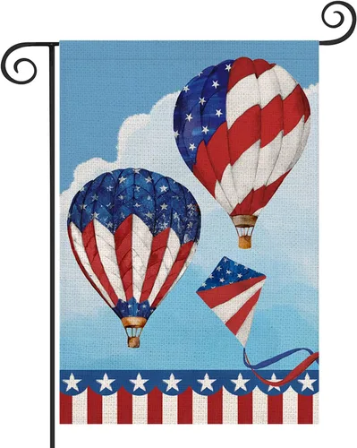 Bandera de jardín con globos aerostáticos del 4 de julio, estrellas y rayas rojas azul marino, 12.5 x 18 pulgadas, bandera estadounidense de doble