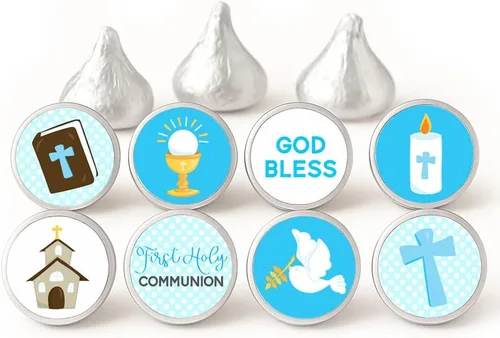 Etiquetas para la primera comunión de Hershey's Kisses Chocolates de Adore By Nat - Adhesivo de caramelo azul - Juego de 240 unidades