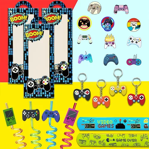 Miniatura 5 de 110 piezas de regalos de fiesta de videojuegos, suministros para fiesta de cumpleaños con pajitas reutilizables para beber, llaveros, cajas