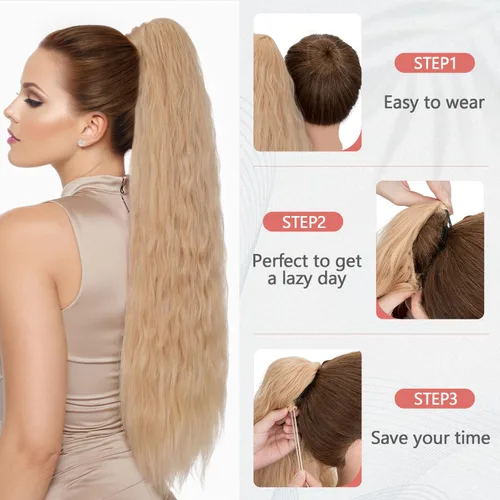 Miniatura 5 de S-noilite Extensión de cola de caballo larga con cordón, de 32 pulgadas, rizada, ondulada con clip, para mujer, cola de caballo rubia, ondulada