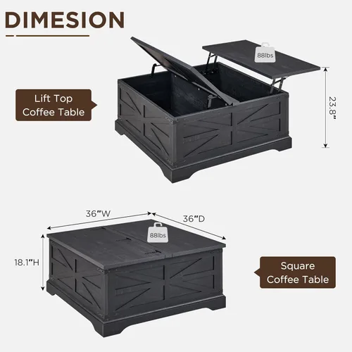 Miniatura 2 de JXQTLINGMU Farmhouse - Mesa auxiliar elevable con gran almacenamiento, mesa cuadrada de madera de 36 pulgadas con compartimento oculto, mesa