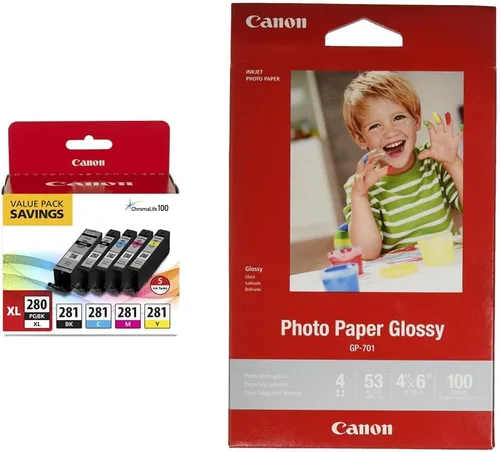 Canon PGI-280XL/CLI-281 Paquete de 5 colores compatibles con TR8520, TR7520, TS9120, TS8120 Series, TS6120 Series y CanonInk papel fotográfico