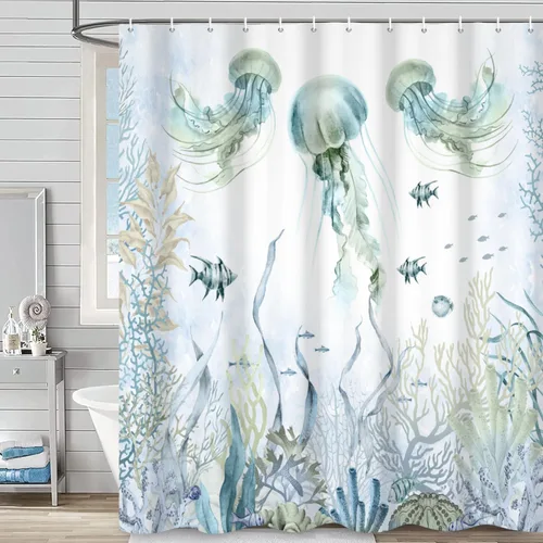 Miniatura 16 de Cortina de ducha náutica costera, cortina de baño con temática de playa y océano, decoración de baño con estrella de mar, coral, concha marina, tela